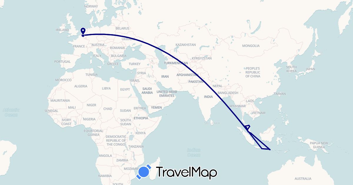 TravelMap itinerary: driving in Belgium, Indonesia, Malaysia, Singapore (Asia, Europe)