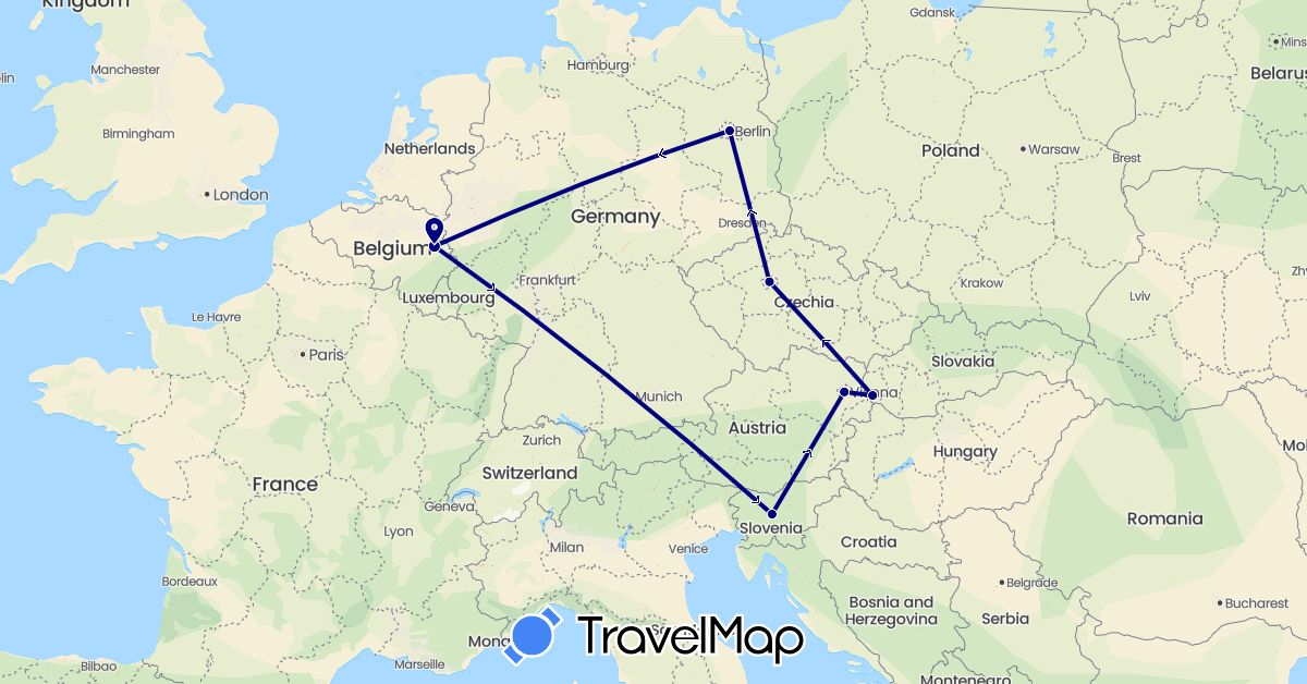 TravelMap itinerary: driving in Austria, Belgium, Czech Republic, Germany, Slovenia, Slovakia (Europe)